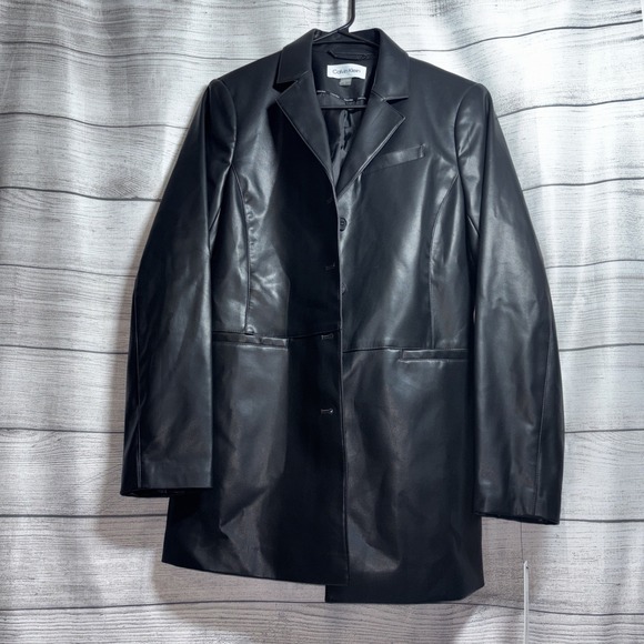 Calvin Klein Women's Size 10 Black Four-Button Faux-Leather Blazer Suit Jacket - Picture 1 of 11